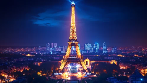 Illuminated Eiffel Tower dominates a neon-infused Paris skyline