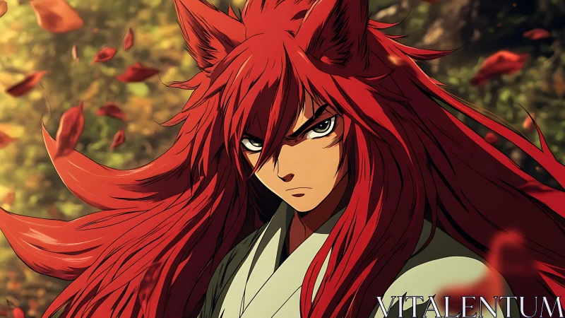 Fierce fox warrior stands strong amid swirling autumn leaves