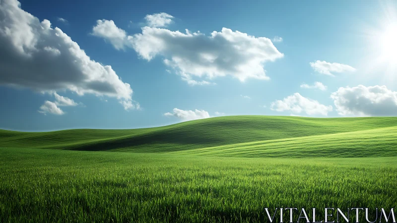 Sunlit grass hills extend under scattered cumulus clouds
