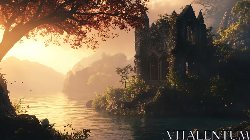 Sunlit ruin chapel glows quietly beside an enchanted river