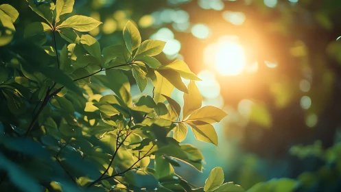 Sunlit Green Leaves in Soft Focus Nature Photography Style.