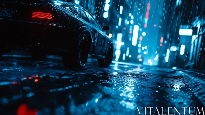 Nocturnal rain-soaked street with rear-lit sports sedan in motion.