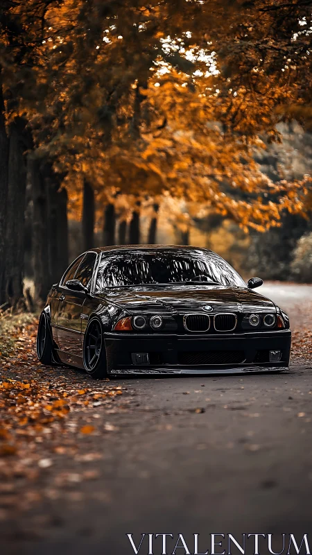 Lowered black BMW sedan on quiet autumn tree lined road.
