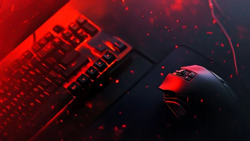 Cyberpunk gaming peripherals in dramatic red low-key lighting.
