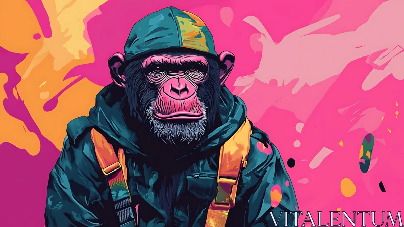 Cool hoodie-wearing chimp pops against neon pink art.