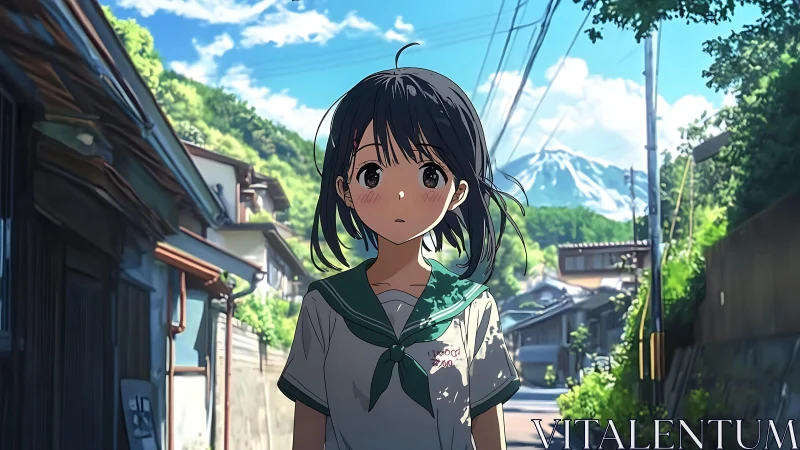 Summer street daydream with shy anime schoolgirl gaze.