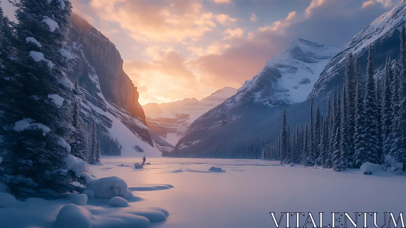 Snowbound alpine valley under pastel winter sunrise glow.