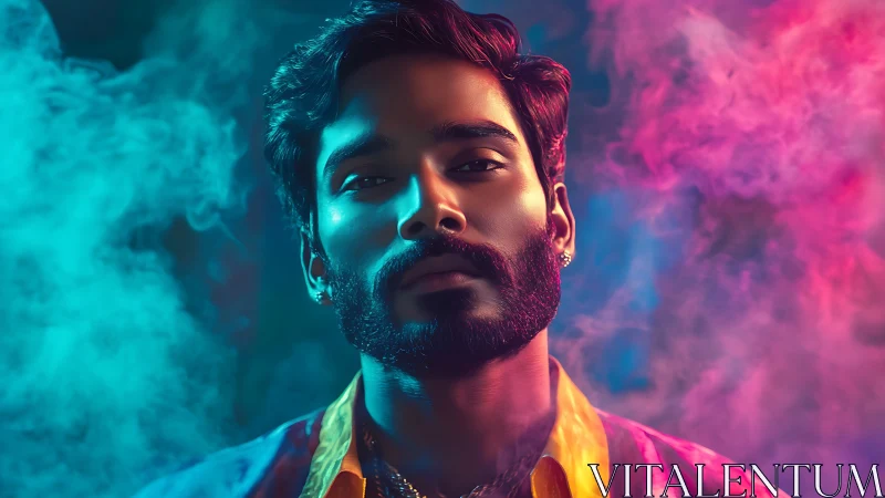 Neon-drenched portrait of a calm rebel in swirling color haze.