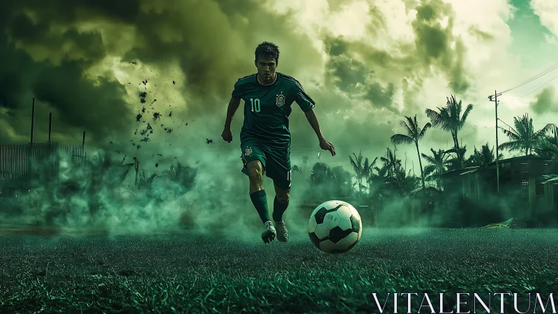 Soccer player advances toward ball on misty urban pitch