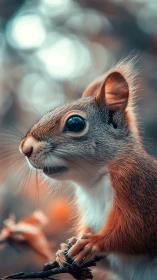 Bright-eyed autumn squirrel wrapped in bokeh forest magic.