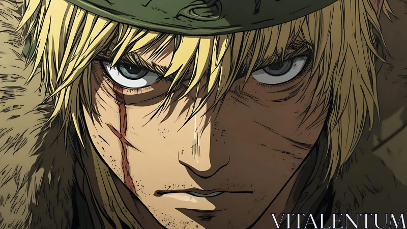 Battle-hardened anime warrior in hyper-detailed close-up portrait.