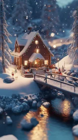 Snowdrifts cradle a storybook cabin dressed in warm lights
