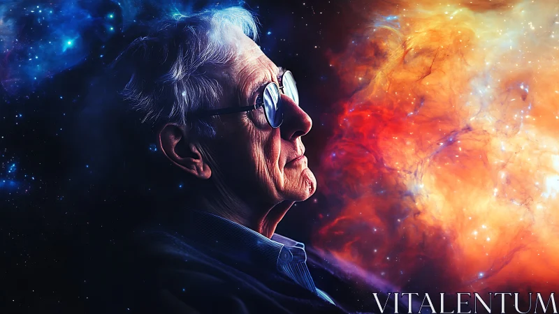 Elderly thinker in profile gazes into vivid cosmic nebula field
