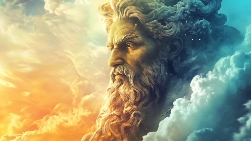 Colossal mythic deity bust emerges from bifurcated sky