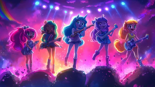 Neon pony-girl rock band under dynamic concert lighting field.