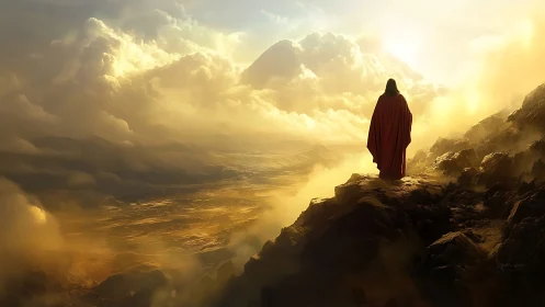 Solitary cloaked figure above golden sunlit valleyscape.