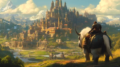 Armored rider on horned beast approaches vast mountain citadel