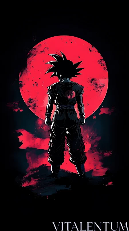 Silhouetted warrior stands before blood-red lunar backdrop