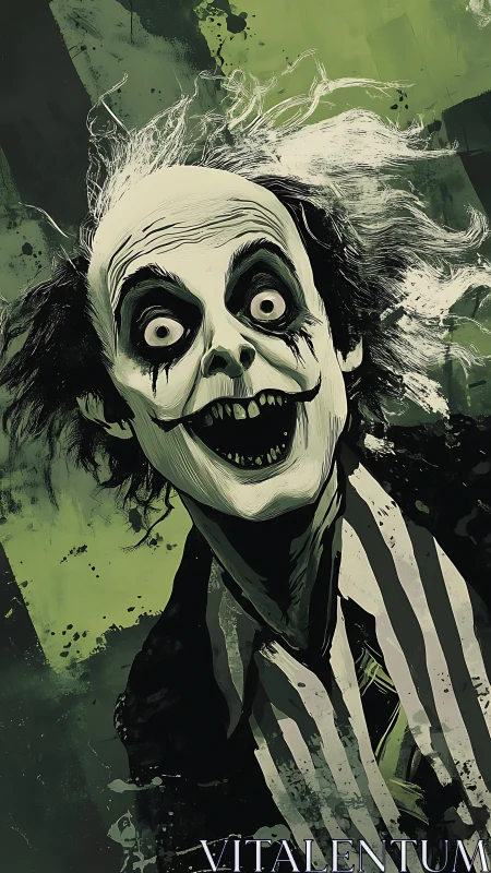 Wild-eyed ghostly trickster in bold green chaos.