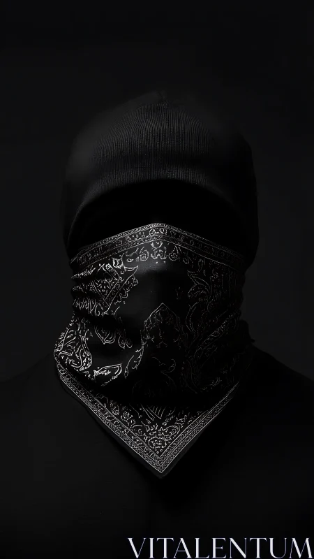 Portrait of Masked Figure in Monochromatic Black and White.