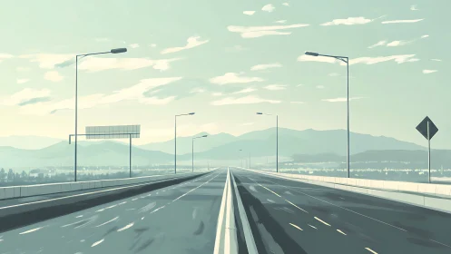 Empty highway stretches toward hazy blue mountains at dawn