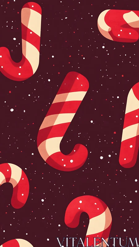 Candy cane pattern over deep red snowy background.