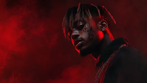 Red low-key portrait with smoke, side light and face tattoos