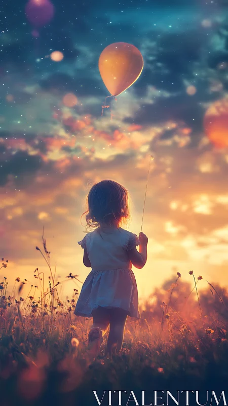 Digital painting of child with balloon at luminous sunset field.