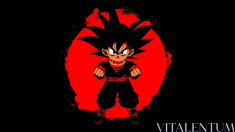 Stylized cartoon fighter stands before red circular backdrop