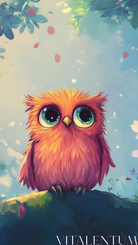 Bright-eyed baby owl waits quietly on a sunlit forest hill