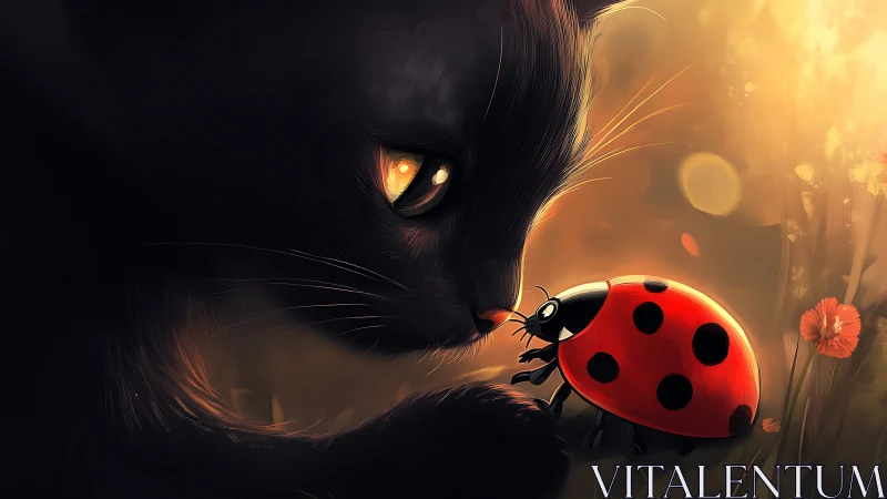 Black cat closely studies red ladybug in warm sunset light