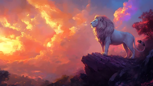 Majestic white lion surveying a blazing twilight sky.