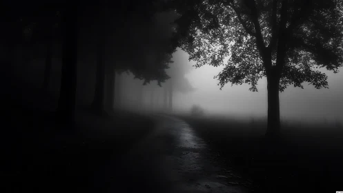 Low key monochrome forest path in dense morning fog