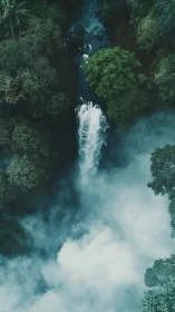 Aerial Waterfall Cascade Through Dense Rainforest Canopy.