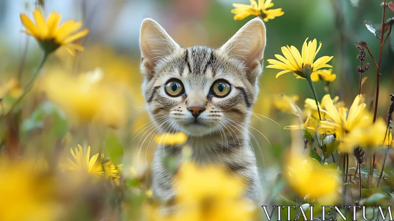 Tabby Kitten Portrait Amidst Yellow Flowers: High-Resolution Nature Study