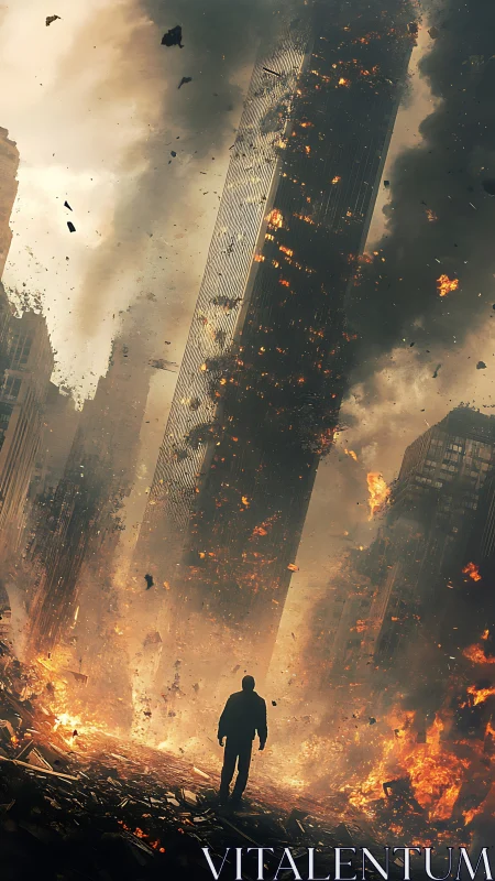 Digital painting of lone survivor in collapsing firestorm cityscape.