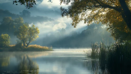 Low-angle morning lake scene with volumetric fog and backlit foliage