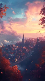 Medieval hill town glows beneath vivid autumn sunset sky
