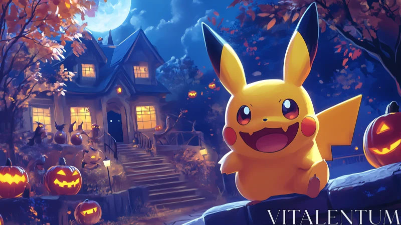 Moonlit Pikachu haunts a pumpkin-bright Halloween doorstep.