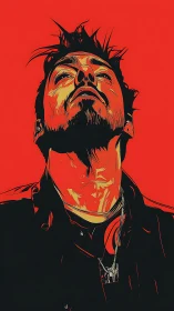 Crimson sky swallows a defiant portrait in bold vectors