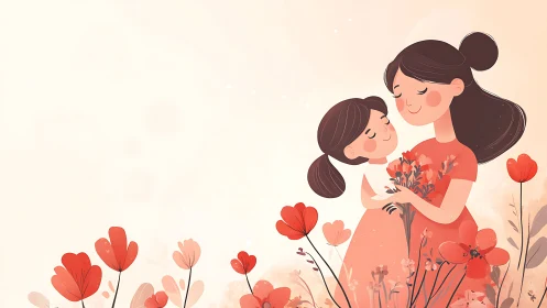 Mother and Daughter Celebrating Love in a Field of Red Flowers