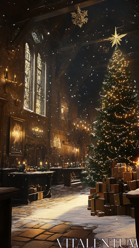 Gothic hall interior with illuminated Christmas tree and snow-laden floor