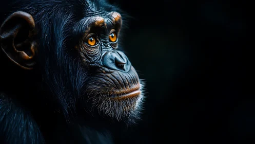 Chimpanzee portrait with golden eyes in deep shadow.