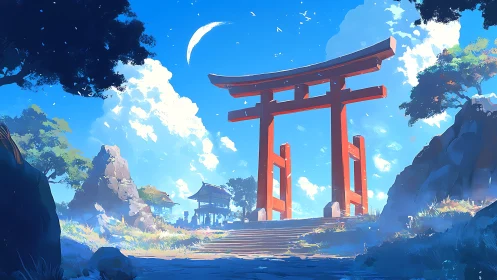Sunlit torii gate welcoming wanderers into bright skies.