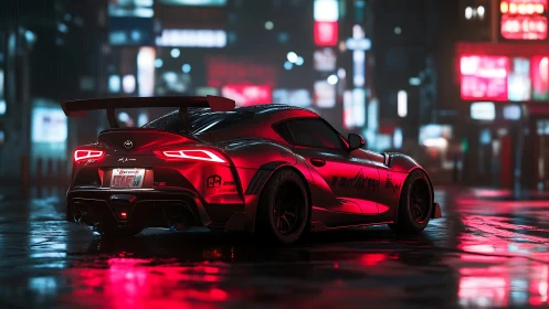 Neon-lit modified sports coupe rendered in rainy cybercity street