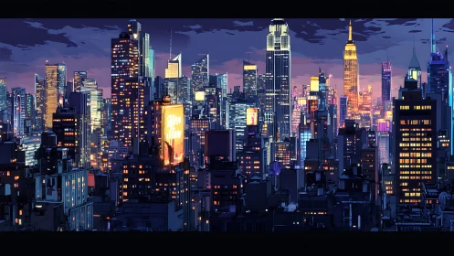 Neon-soaked futuristic skyline glows against a violet dusk