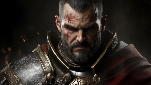 Battle-scarred paladin in engraved plate armor close portrait.