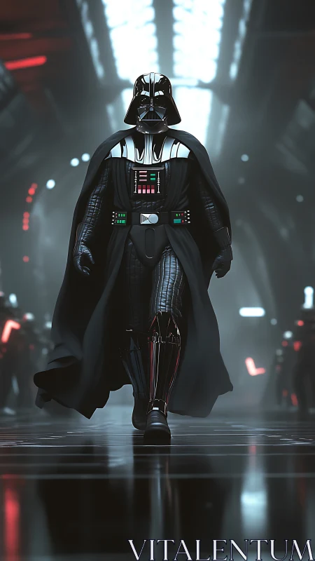 Commanding dark figure strides through sleek starship hallways.