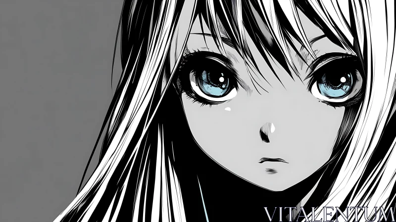 Melancholic anime girl gazes ahead with luminous blue eyes.