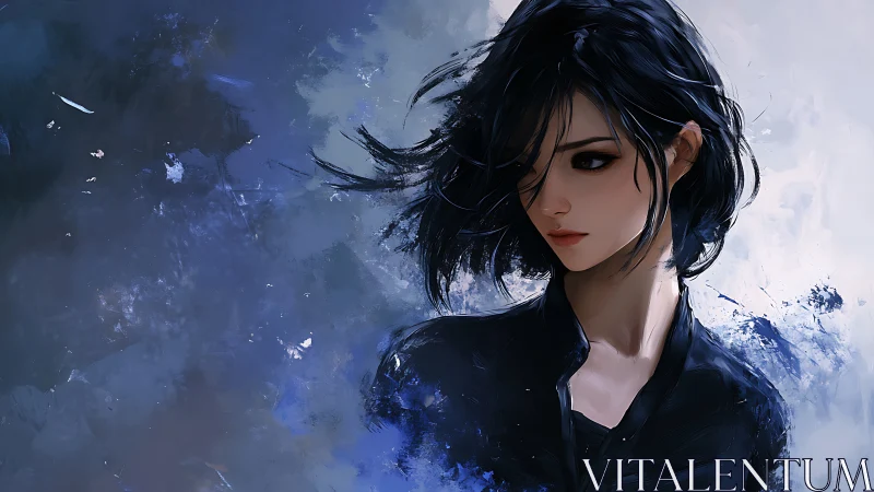 Dark haired woman in moody blue digital portrait art.